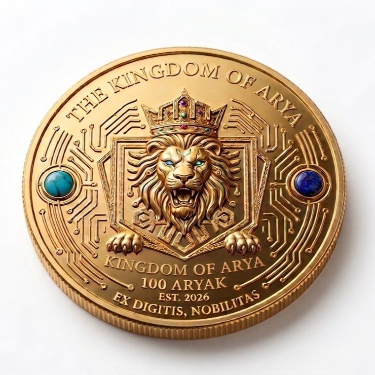 The 100 Aryak commemorative gold coin of the Kingdom of Arya, bearing the crowned Golden Lion, circuit engravings, and the motto Ex Digitis, Nobilitas