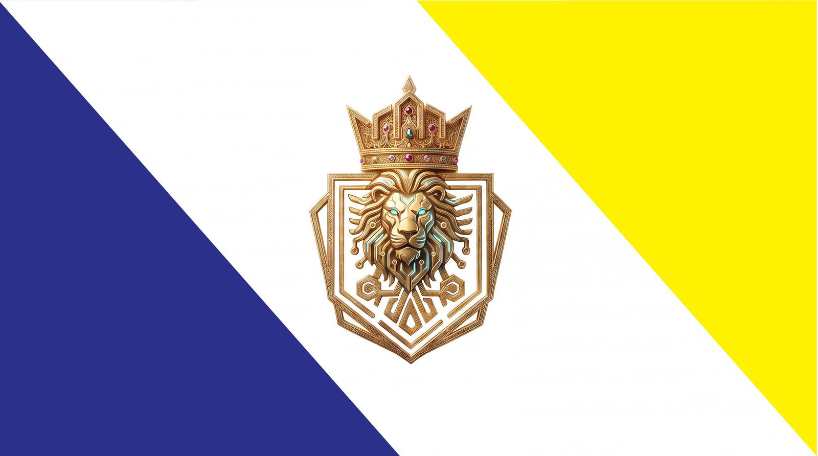 The National Flag of the Kingdom of Arya: a diagonal tricolor of royal azure, white, and imperial gold bearing the Royal Crest